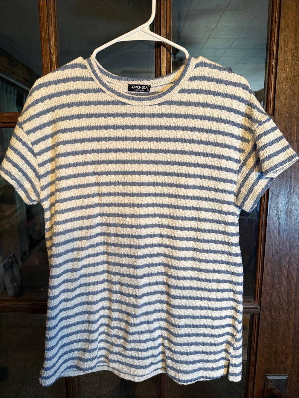 Heimish USA Blue White Striped Textured Short Sleeve Crew Neck Top Small